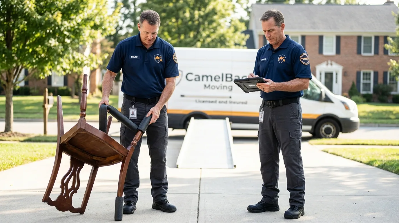 Movers inspecting furniture for damage prevention before loading in Wytheville, VA