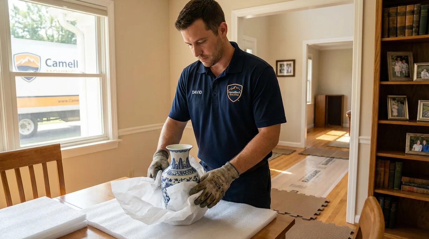Professional crew carefully wrapping antique vase for senior downsizing move in Wytheville, VA